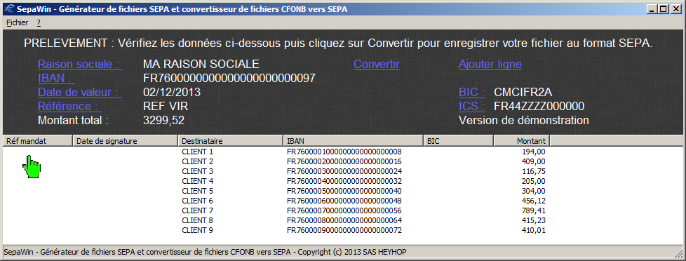 Copie d'écran logiciel SepaWin convertisseur CFONB SEPA