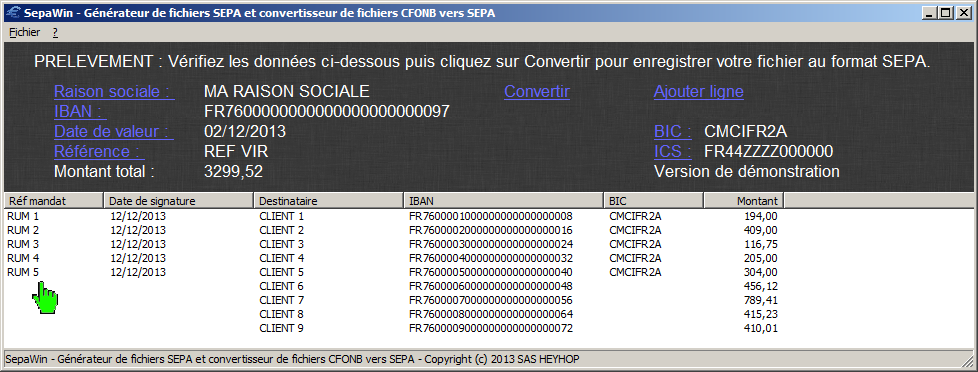Copie d'écran logiciel SepaWin convertisseur CFONB SEPA
