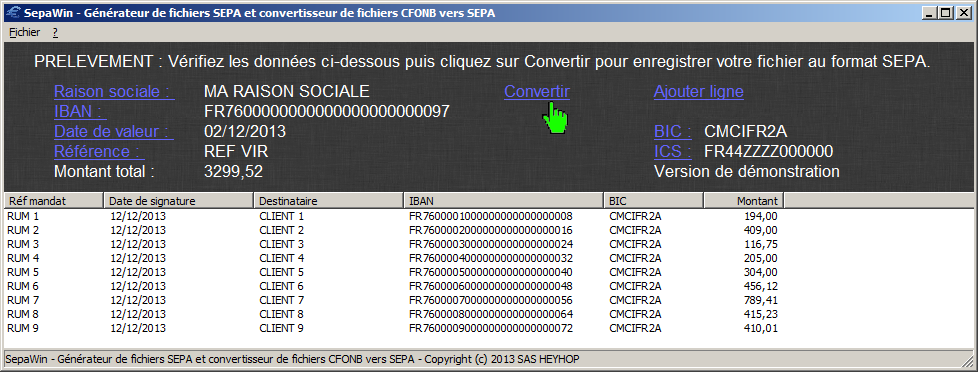 Copie d'écran logiciel SepaWin générateur SEPA